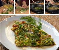 A slice of frittata on a white plate with four small preparation photos at the top.