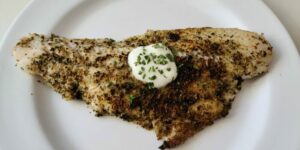 Sauteed whitefish with seasonings and Greek yogurt