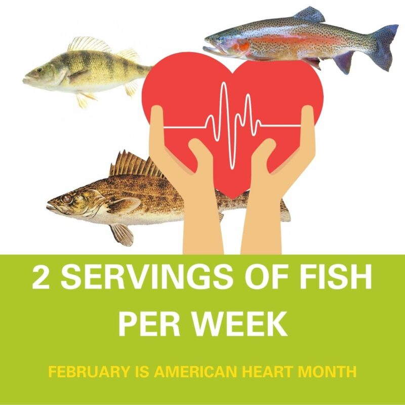 Graphic of hands holding a heart and three fish with the words "2 servings of fish per week."