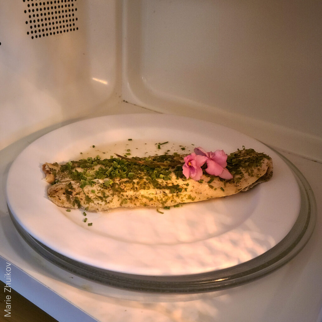 Plate of garnished whitefish in the microwave.